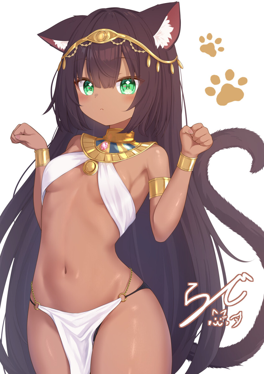 1girl, ancient_egyptian, ancient_egyptian_clothes, animal_ears, armlet, bracelet, breasts, brown_hair, cat_ears, cat_girl, cat_tail, circlet, commentary_request, dark-skinned_female, dark_skin, expressionless, eye_of_horus, gold_armlet, gold_bracelet, gold_circlet, green_eyes, highres, brown_egyptian_cat-eared_loli_(trend), jewelry, long_hair, looking_at_viewer, navel, original, paw_pose, paw_print, paw_print_background, pelvic_curtain, rade_(rade_552), signature, simple_background, sling_bikini_top, small_breasts, solo, stomach, tail, usekh_collar, very_long_hair, white_background