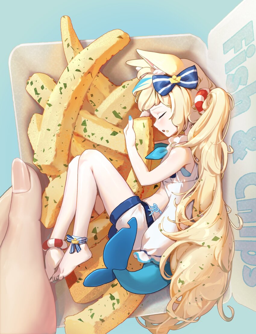 1girl, absurdres, ahoge, animal_ear_fluff, animal_ears, barefoot, blonde_hair, blue_eyes