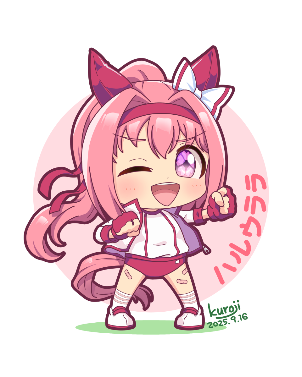 animal_ears, bandaid, bandaid_on_leg, bow, buruma, ear_bow, ear_covers, flower-shaped_pupils, flower_in_eye, gym_uniform, haru_urara_(bestest_prize)_(umamusume), haru_urara_(umamusume), headband, highres, horse_ears, horse_girl, horse_tail, kuroji_(kuroji1970), pink_buruma, pink_headband, red_buruma, red_headband, school_uniform, symbol-shaped_pupils, symbol_in_eye, tail, tracen_school_uniform, umamusume