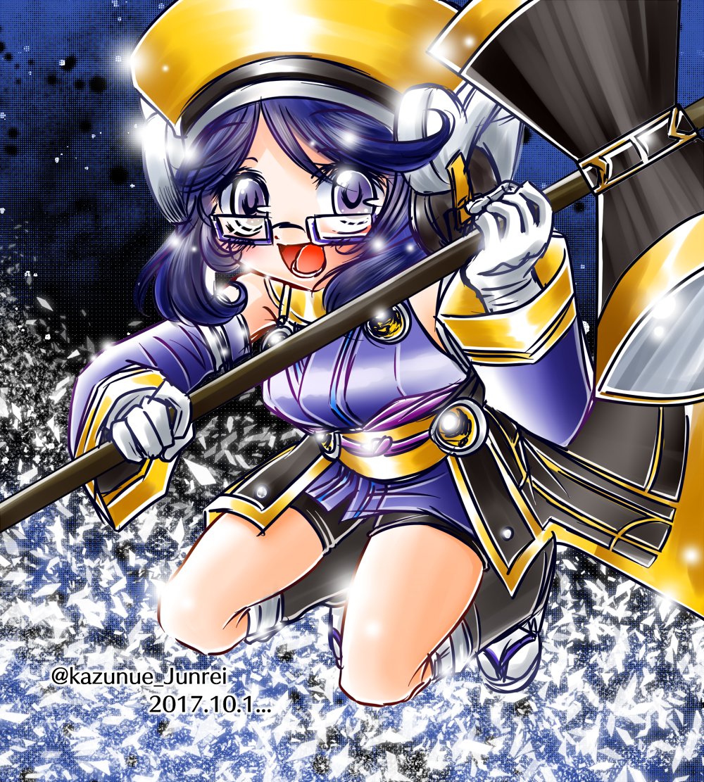 1girl, android, automata_topaz, bike_shorts, blue_dress, blue_eyes, blue_hair, blue_sleeves, breasts, dated, detached_sleeves, dress, emil_chronicle_online, glasses, gloves, hammer, hat, hip_armor, holding, holding_hammer, japanese_clothes, kazunue_junrei, large_breasts, open_mouth, robot_ears, sleeveless, sleeveless_dress, solo, twitter_username, white_gloves, yellow_hat
