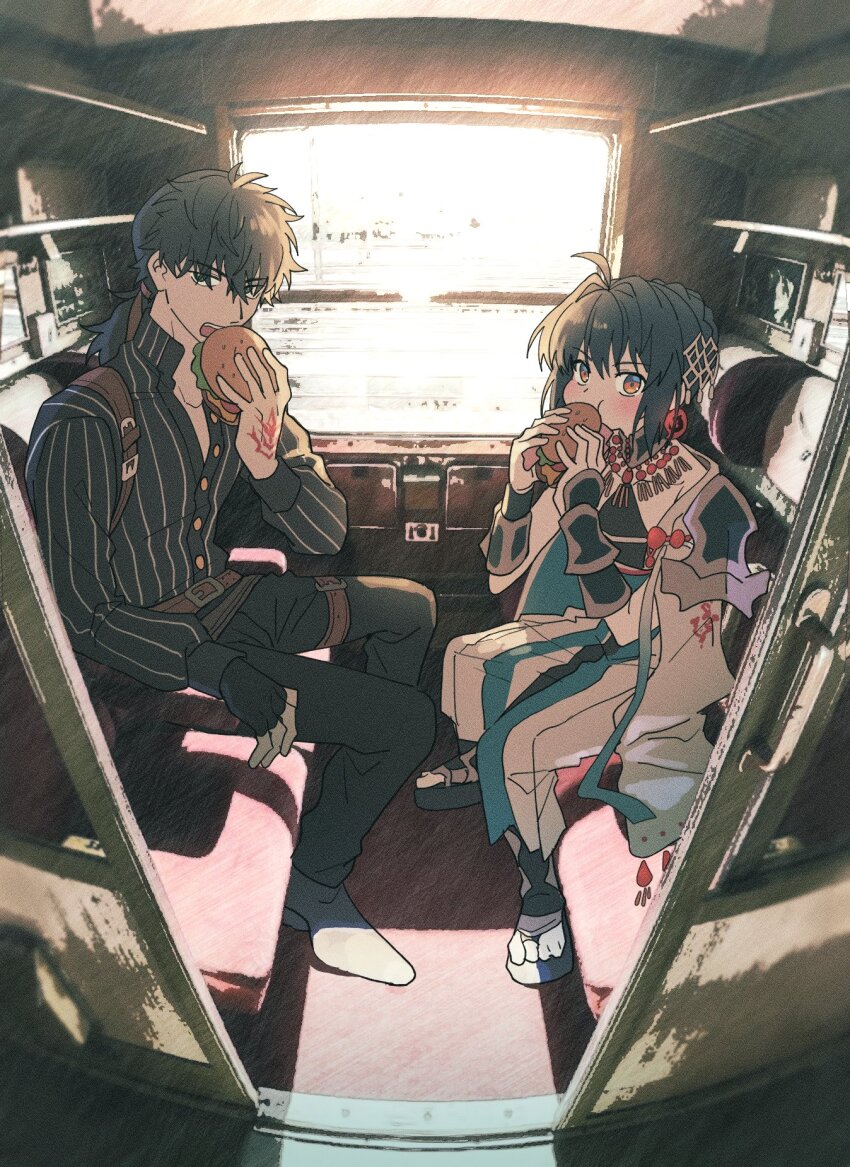 1boy, 1other, ahoge, arm_guards, belt, black_gloves, black_hair, black_pants