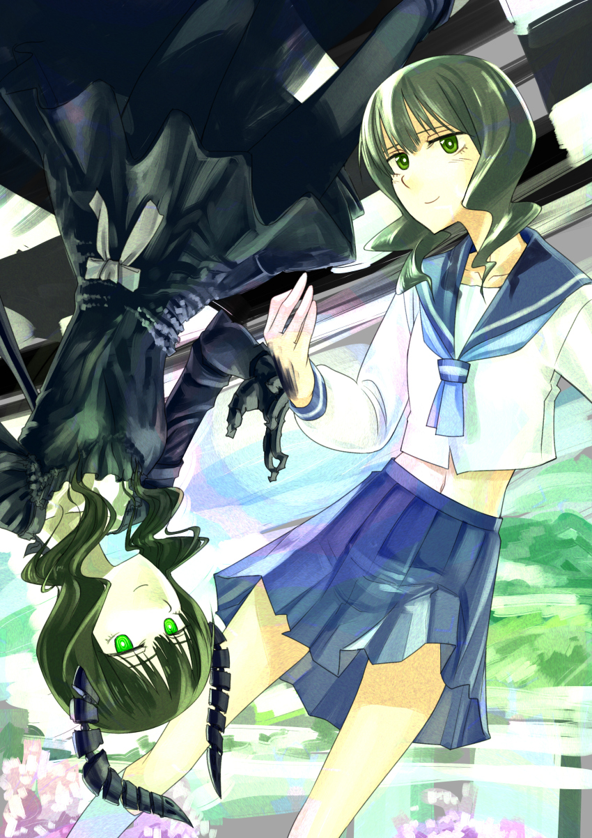 2girls, absurdres, black_dress, black_leggings, black_rock_shooter, blue_skirt, dead_master, dress