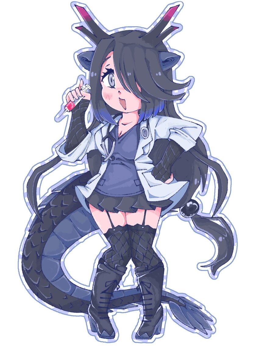 1girl, animal_ears, black_dragon_(kemono_friends), black_gloves, black_hair, black_skirt, black_thighhighs, blue_shirt