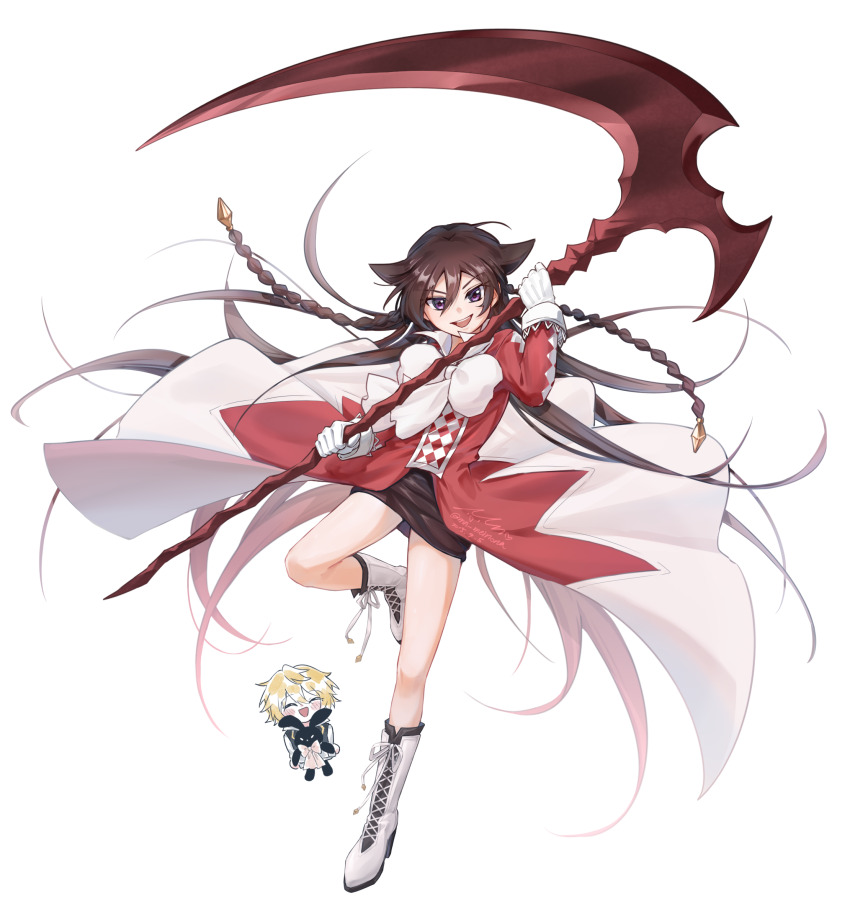 1boy, 1girl, :d, absurdres, alice_(pandora_hearts), blonde_hair, boots, bow, braid, brown_hair, checkered_clothes, dress, gloves, high_heel_boots, high_heels, highres, holding, holding_scythe, holding_weapon, long_braid, long_hair, long_sleeves, miniskirt, mn_meinona, open_mouth, oz_vessalius, pandora_hearts, purple_eyes, ribbon, scythe, short_hair, skirt, smile, stuffed_animal, stuffed_rabbit, stuffed_toy, two-handed, very_long_hair, weapon, white_background, white_boots, white_gloves