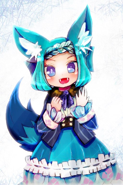 1girl, animal_ears, blue_eyes, blue_hair, blue_jacket, blue_skirt, braid, brown_capelet, capelet, emil_chronicle_online, fangs, frilled_skirt, frills, jacket, karukuro, open_mouth, shirt, skirt, solo, tail, white_background, white_shirt, whitefang_alma, wolf_ears, wolf_girl, wolf_tail