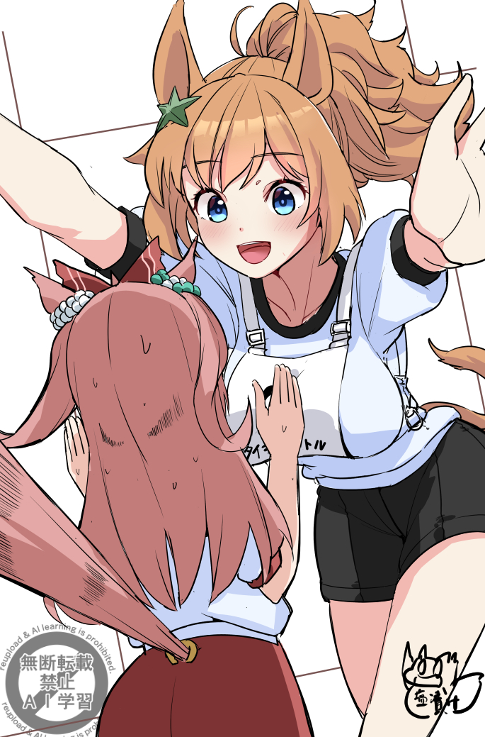 2girls, agnes_digital_(umamusume), animal_ears, black_shorts, blue_eyes, blush, bow, breasts, brown_hair, clothing_cutout, ear_ornament, hair_between_eyes, hair_bow, hair_ornament, harukazetabiji, horse_ears, horse_girl, horse_tail, incoming_hug, large_breasts, long_hair, multiple_girls, open_mouth, pink_hair, ponytail, red_shorts, shirt, short_sleeves, shorts, smile, star_(symbol), star_hair_ornament, sweat, taiki_shuttle_(umamusume), tail, tail_through_clothes, teeth, umamusume, upper_teeth_only, white_shirt