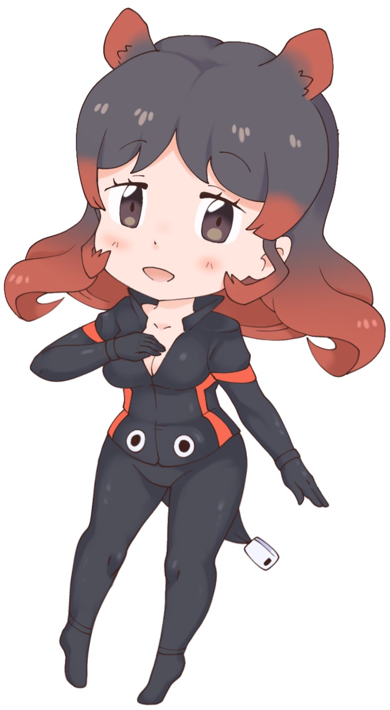 1girl, animal_ears, black_gloves, breasts, brown_eyes, chibi, chibi_only, cleavage