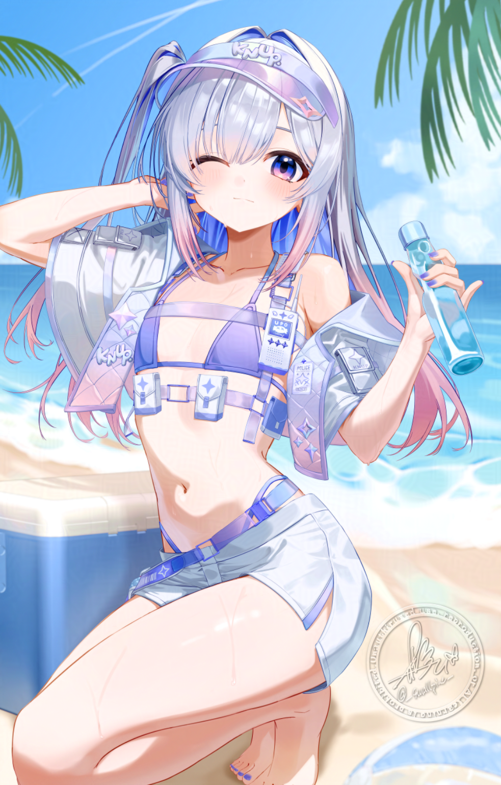 1girl, adapted_costume, adversarial_noise, amane_kanata, amane_kanata_(heavenly_guard_mission), barefoot, beach, belt