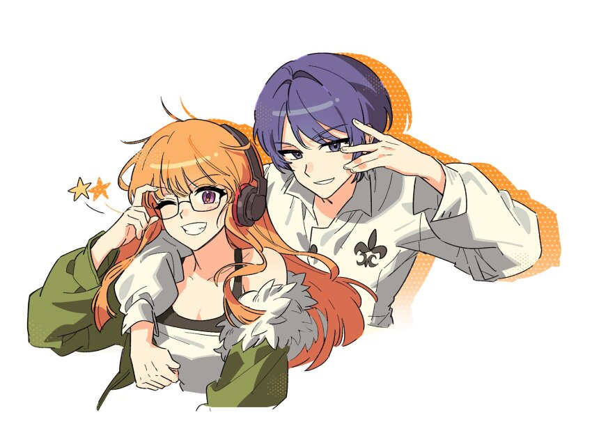 1boy, 1girl, adjusting_eyewear, ahoge, arm_on_another's_shoulder, bare_shoulders, black_tank_top, blue_eyes