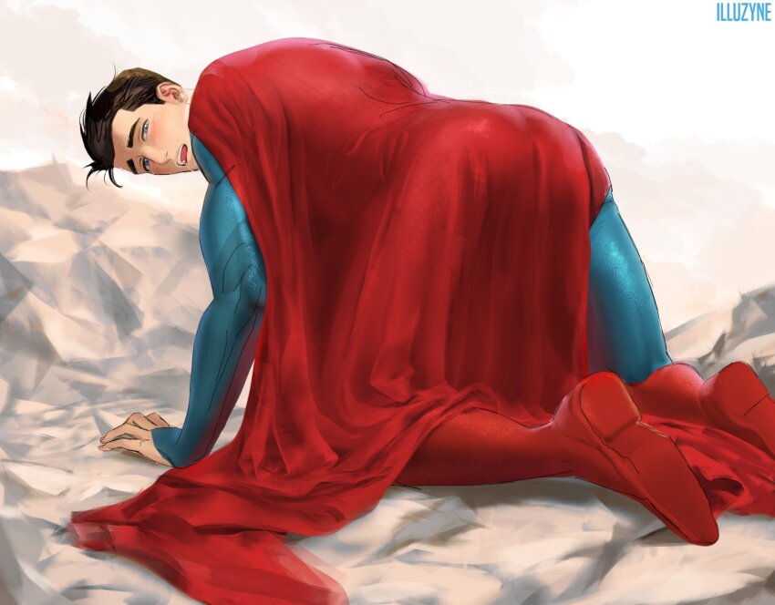 1boy, all_fours, black_hair, blue_eyes, blush, cape, clark_kent, dc_comics, highres, illuzyne, looking_back, male_focus, my_adventures_with_superman, open_mouth, rock, superhero_costume, superman, superman_(series)