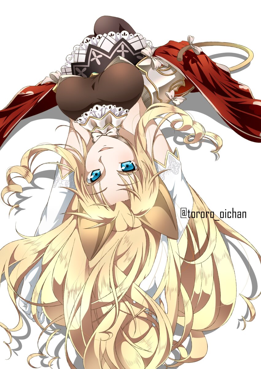 1girl, absurdres, animal_ears, armored_skirt, arms_up, black_skirt, black_thighhighs, blonde_hair, blue_eyes, bodysuit, breasts, cat_ears, cat_tail, drill_hair, elbow_gloves, emil_chronicle_online, gloves, highres, large_breasts, long_hair, lying, mitama_elise, open_mouth, skirt, solo, tail, tete0429, thighhighs, twitter_username, white_background, white_gloves