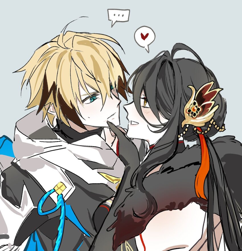 ..., 1boy, 1girl, ara_haan, black_hair, blonde_hair, blush, brown_hair, chung_seiker, commentary_request, devi_(elsword), elsword, fatal_phantom_(elsword), grey_background, hair_ornament, hand_on_another's_face, heart, height_difference, highres, korean_commentary, long_hair, looking_at_another, multicolored_hair, profile, seductive_smile, short_hair, shu_pernova, simple_background, smile, streaked_hair, sweatdrop, symbol-shaped_pupils