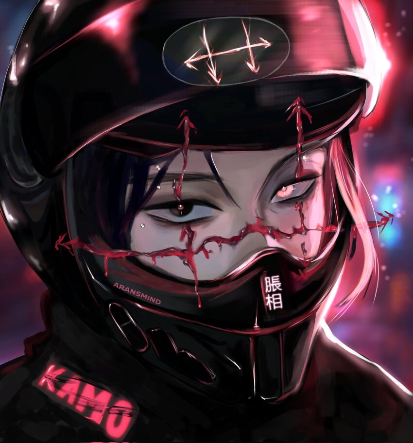 1boy, aransmind, biker_clothes, bikesuit, black_eyes, black_hair, blood, blurry