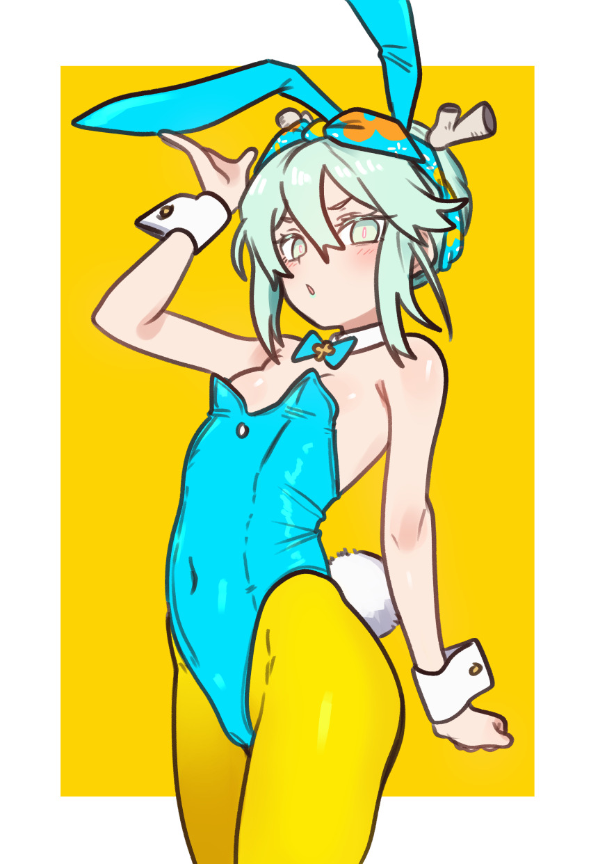 1girl, absurdres, alternate_costume, animal_ears, bare_shoulders, blue_leotard, blue_ribbon, blush, breasts, ebora, fake_animal_ears, fake_tail, fate/grand_order, fate_(series), green_eyes, green_hair, hair_between_eyes, hair_ribbon, highleg, highleg_leotard, highres, horns, leotard, looking_at_viewer, louhi_(fate), louhi_(first_ascension)_(fate), pantyhose, rabbit_ears, rabbit_tail, ribbon, short_hair, sidelocks, small_breasts, solo, tail, thighs, yellow_pantyhose