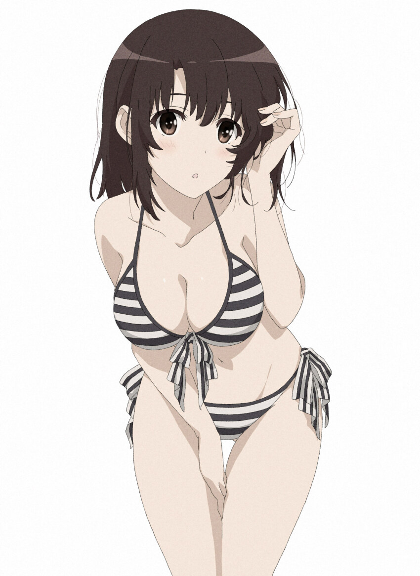 1girl, :o, bare_arms, bench, between_legs, bikini, black_hair, breasts, brown_eyes, cleavage, collarbone, derivative_work, gluteal_fold, groin, hairband, halterneck, hand_between_legs, highres, katou_megumi, large_breasts, leaning_forward, long_hair, official_alternate_hair_length, official_alternate_hairstyle, saenai_heroine_no_sodatekata, simple_background, standing, striped_bikini, striped_clothes, swimsuit, thigh_gap, watanabegenn, white_background