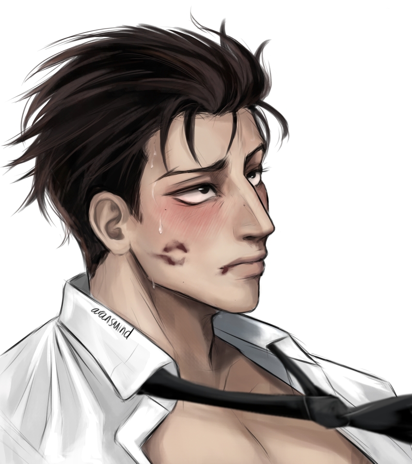 1boy, absurdres, aransmind, artist_name, large_nose, black_eyes, black_hair, black_necktie