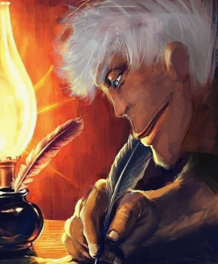 1boy, alternate_skin_color, blackbeard_writing_(meme), blue_eyes, gojo_satoru, highres, holding, holding_quill