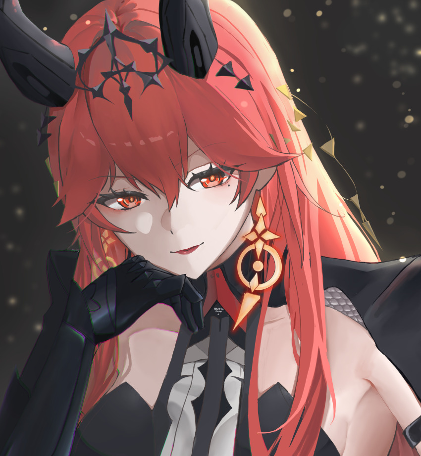 1girl, absurdres, black_horns, breasts, chromatic_aberration, closed_mouth, commentary, english_commentary