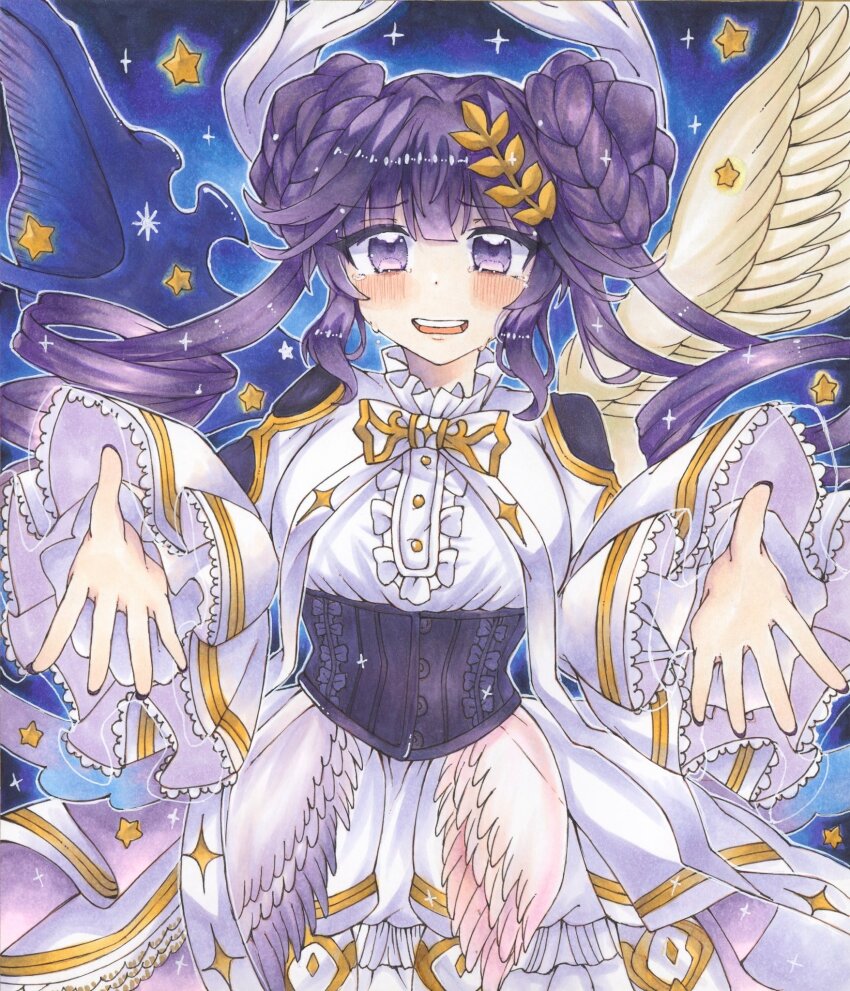 1girl, angel_wings, black_corset, blush, braid, braided_bun, corset, demon_wings