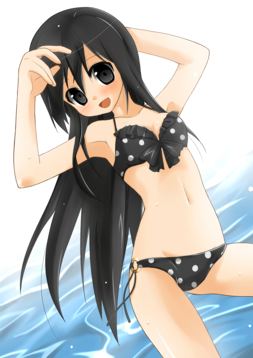 1girl, armpits, bikini, black_bikini, black_eyes, black_hair, blush, breasts, cleavage, female_focus, frilled_bikini, frills, front-tie_top, long_hair, misspromise, navel, o-ring, o-ring_bottom, open_mouth, original, polka_dot, polka_dot_bikini, polka_dot_swimsuit, smile, solo, swimsuit, water, wet