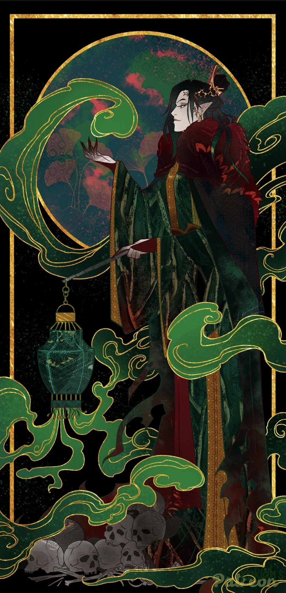 1boy, black_background, black_hair, bone, border, cape, chinese_clothes, closed_mouth