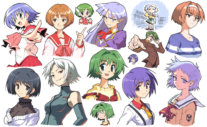 1boy, 6+girls, aqua_eyes, aquaplus, ascot, asou_asuna, black_gloves, black_hair