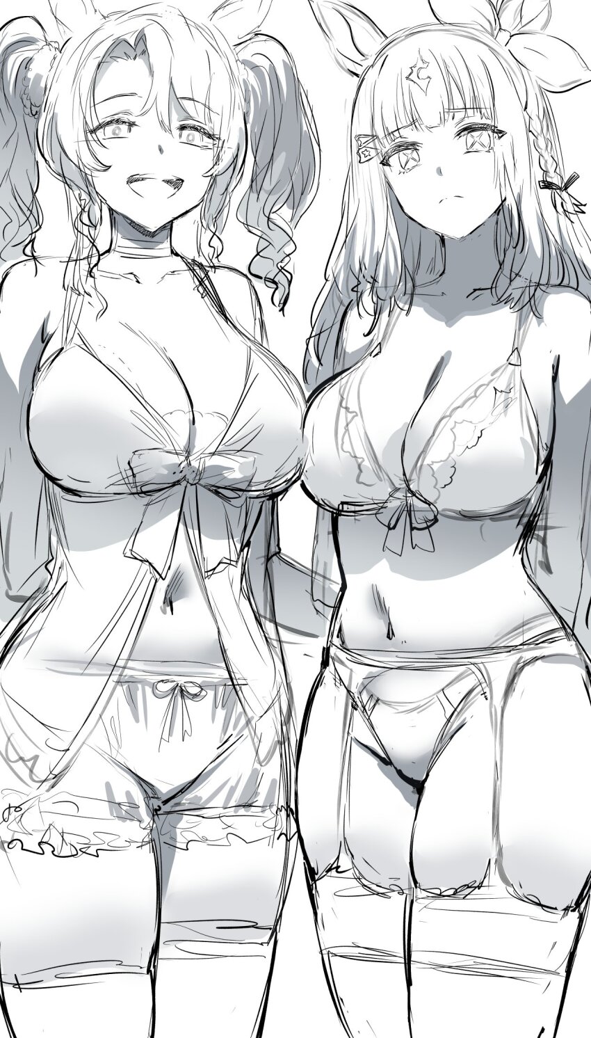 2girls, almond_eye_(umamusume), animal_ears, asymmetrical_docking, bloomers, braid, breast_press, breasts