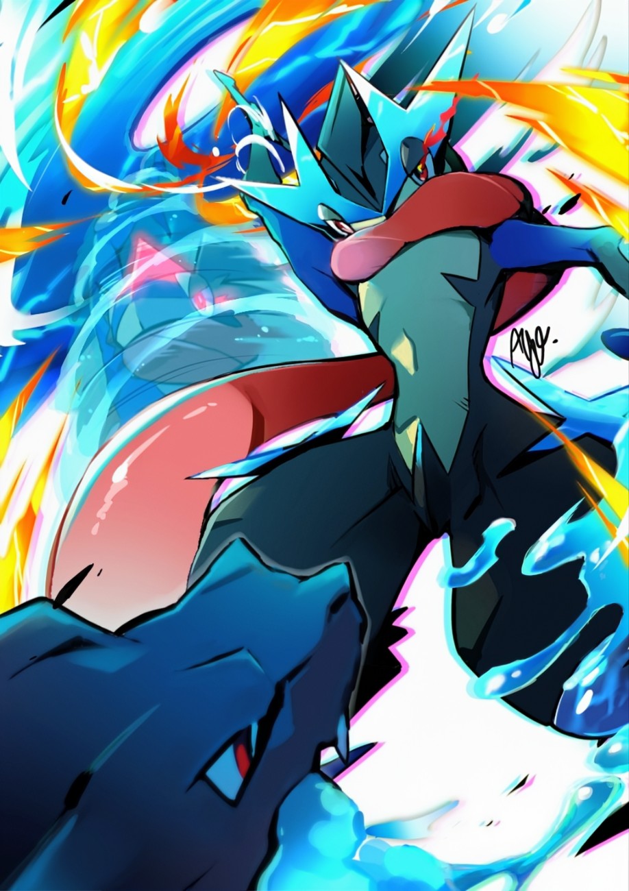 ash-greninja, ayo_(ayosanri009), blue_fire, breath_weapon, breathing_fire, charizard, dragon, fire