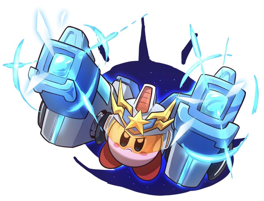 aiming, aiming_at_viewer, arm_cannon, armor, assault_visor, aura, blue_eyes, blush_stickers