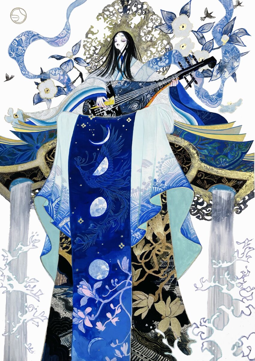 1girl, absurdres, animal_print, artist_logo, bird, bird_print, black_eyeshadow, black_hair