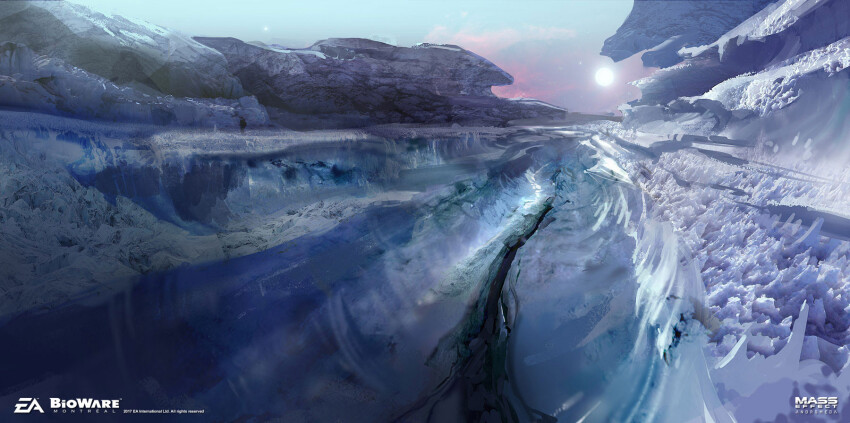 ben_lo, canyon, from_below, glowing, highres, ice, ice_spikes, mass_effect_(series)