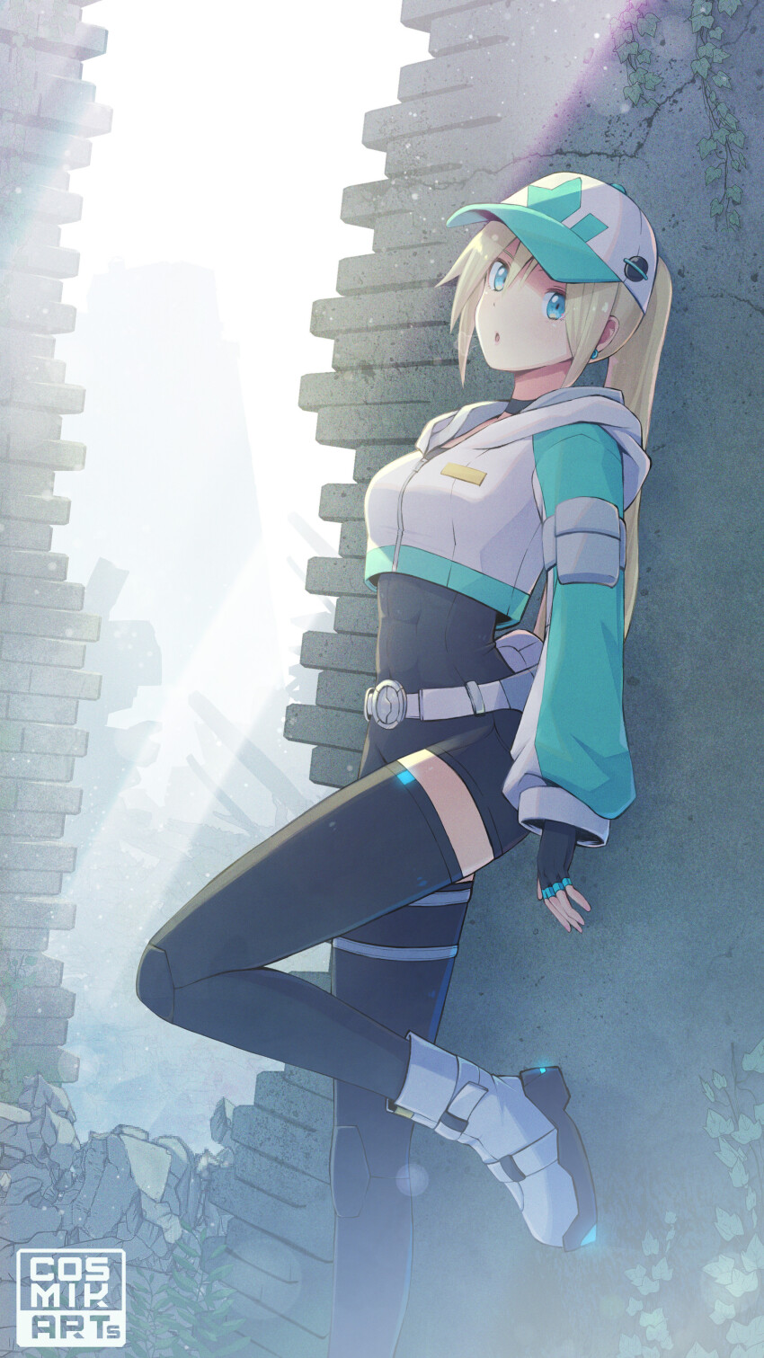 1girl, :o, abs, absurdres, ace_(cosmik_arts), against_wall, aqua_eyes, artist_name