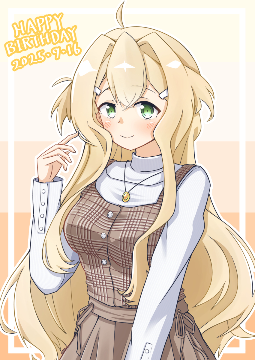 1girl, 2023, ahoge, blonde_hair, blush, breasts, brown_dress, brown_skirt, buttons, casual, closed_mouth, cowboy_shot, dated, dress, gradient_background, green_eyes, hair_between_eyes, hair_intakes, hair_ornament, hairclip, hand_up, happy_birthday, highres, iyojima_anzu, jewelry, long_hair, long_sleeves, looking_at_viewer, medium_breasts, mygod877sasa, necklace, nogi_wakaba_wa_yuusha_de_aru, outline, pendant, pinafore_dress, plaid_clothes, plaid_dress, shirt, sidelocks, skirt, sleeveless, sleeveless_dress, smile, solo, sweater, turtleneck, turtleneck_sweater, two_side_up, upper_body, very_long_hair, vest, white_outline, white_shirt, white_sweater, yuusha_de_aru