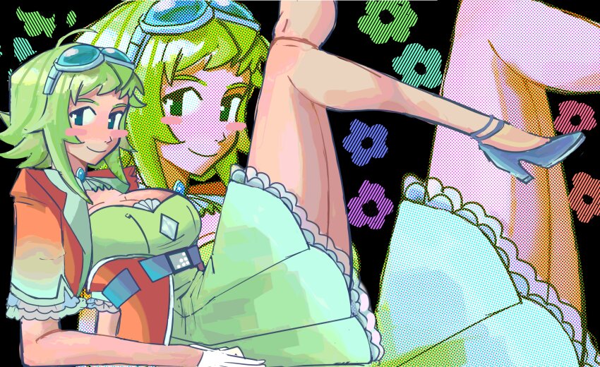 1girl, absurdres, aqua_flower, black_background, blue_eyes, blue_flower, blush_stickers, breasts