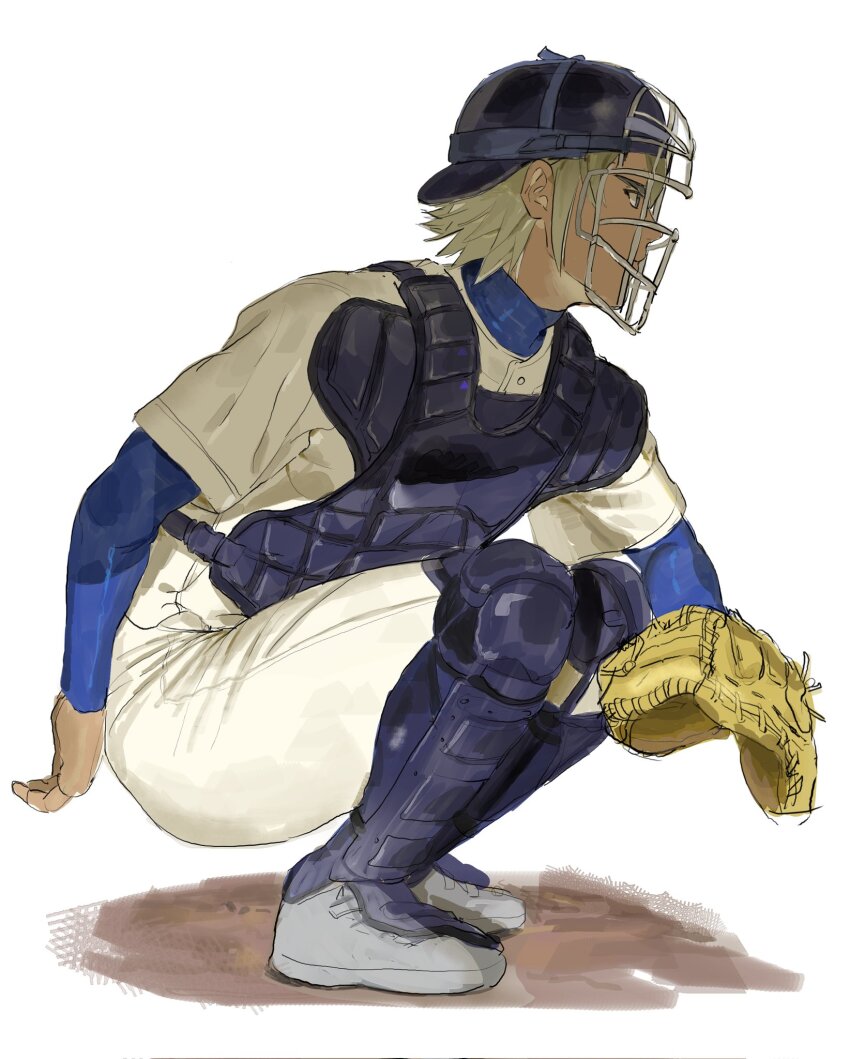 1boy, ace_of_diamond, baseball_glove, baseball_helmet, baseball_uniform, blonde_hair, chest_protector, commentary_request, from_side, helmet, highres, korean_commentary, male_focus, okumura_koushuu, owwellowww, pants, short_hair, solo, sportswear, squatting, white_pants