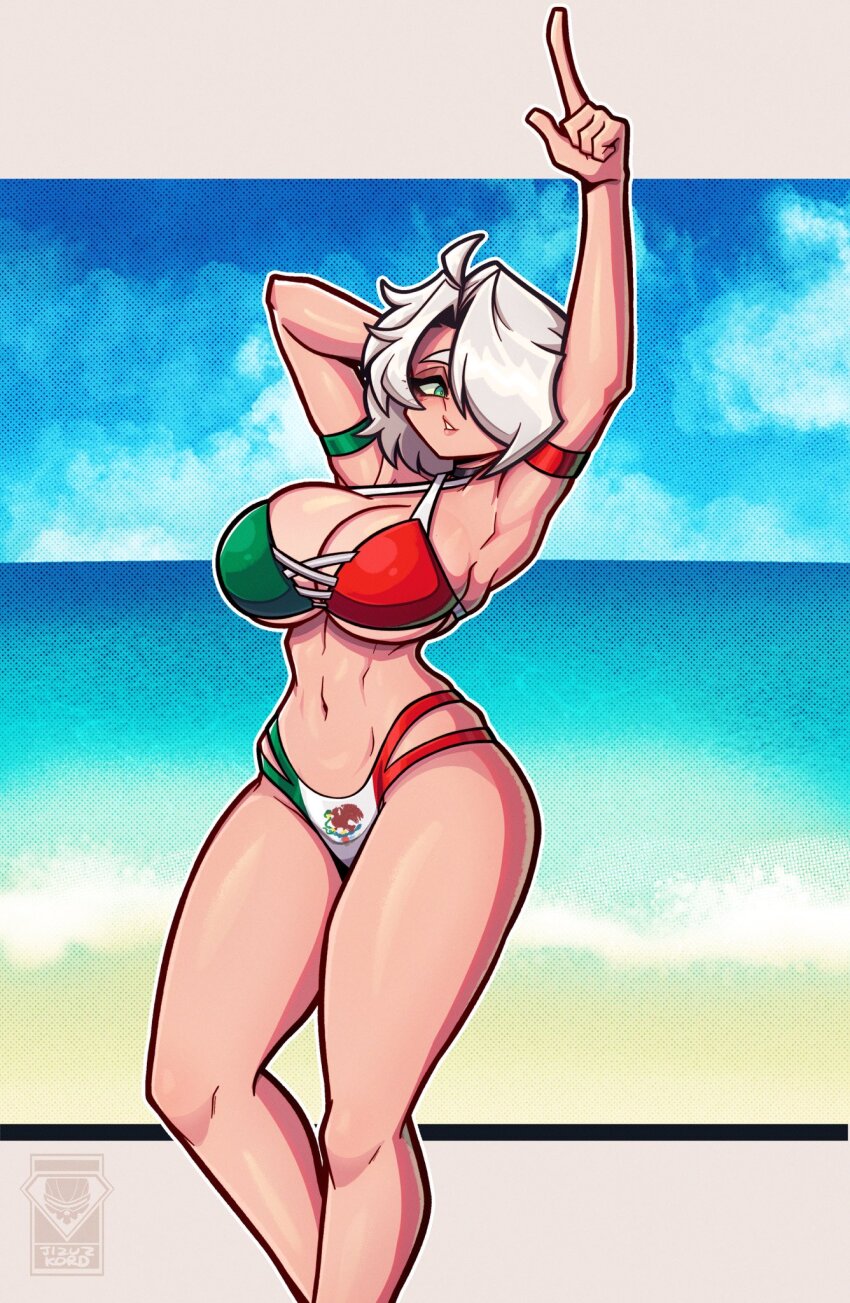 1girl, angel_(kof), bikini, blue_eyes, breasts, cleavage, flag_print, flag_print_bikini