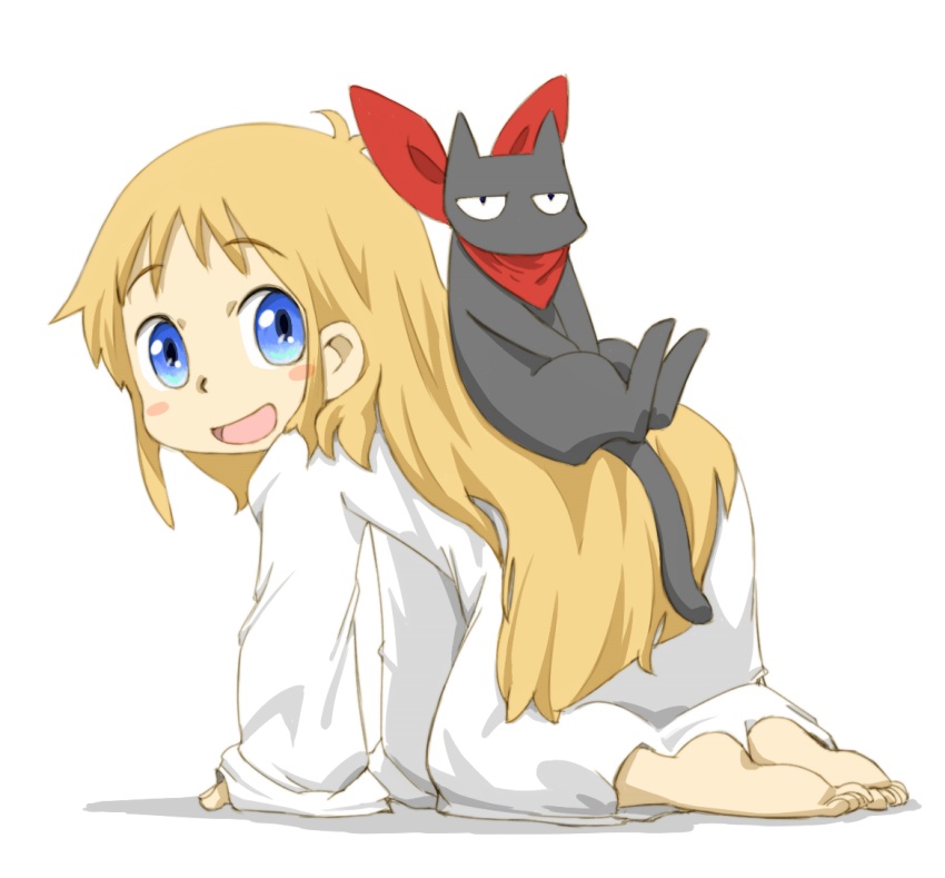 1girl, all_fours, barefoot, blonde_hair, blue_eyes, blush, cat, child