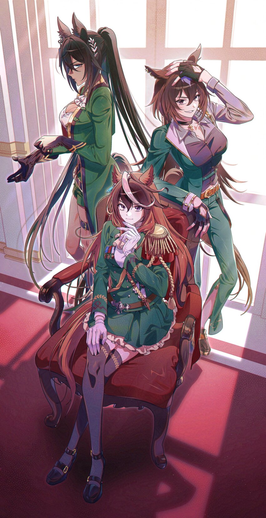 3girls, absurdres, aiguillette, animal_ears, ascot, black_choker, black_gloves, black_hair