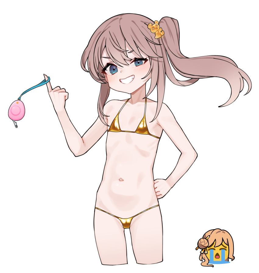 1girl, absurdres, bear_hair_ornament, bikini, black_survival, blue_eyes, blush, brown_hair