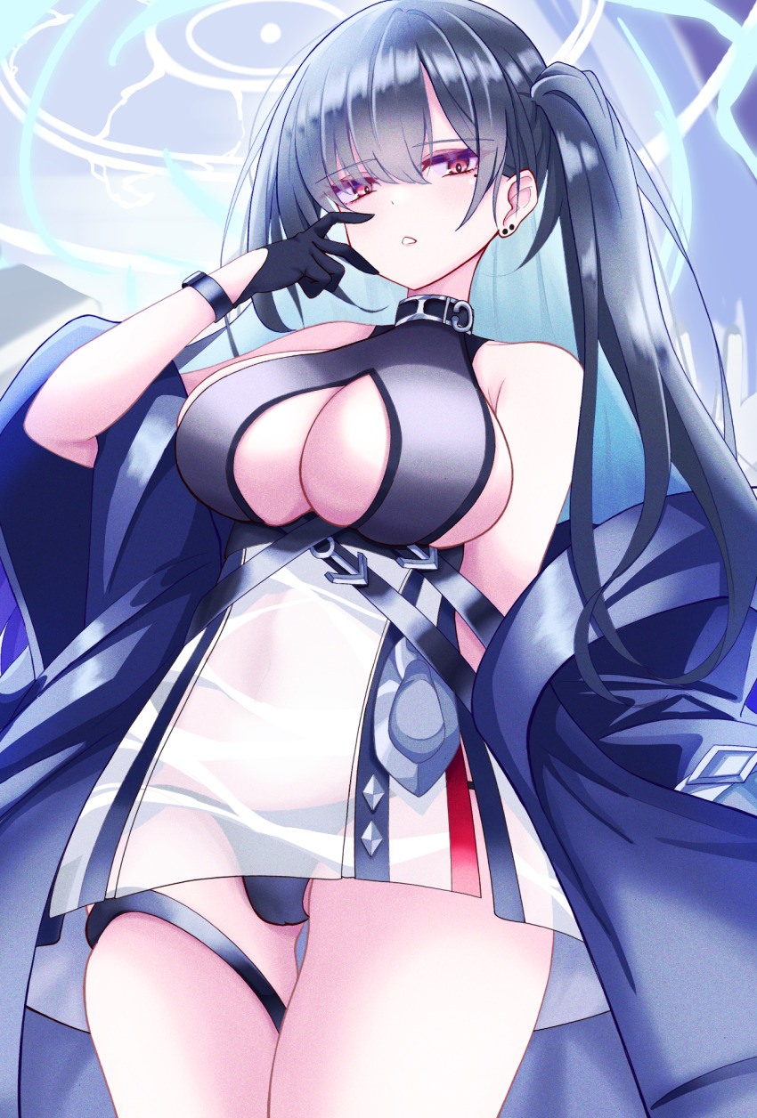 1girl, azur_lane, bare_shoulders, black_gloves, black_hair, black_panties, breasts, coat