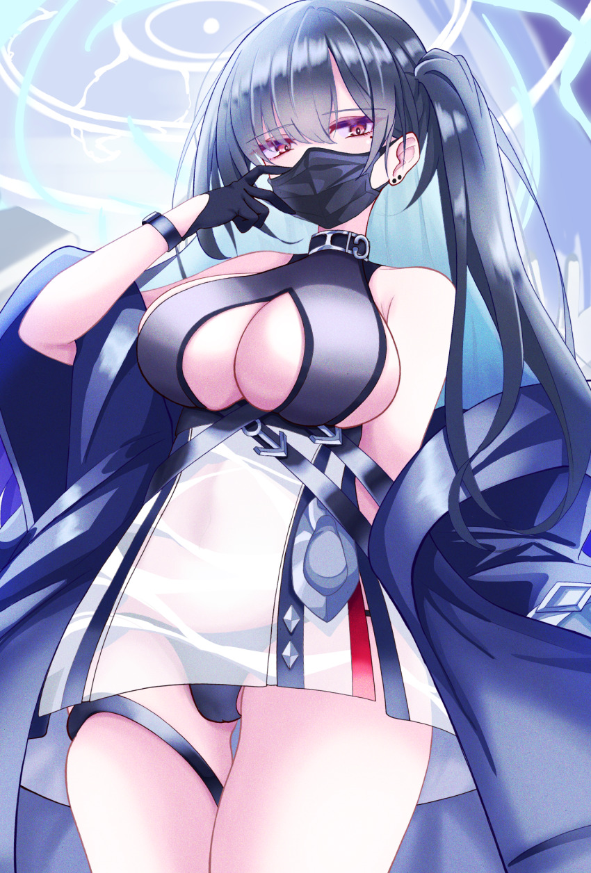 1girl, azur_lane, bare_shoulders, black_gloves, black_hair, black_mask, black_panties, breasts