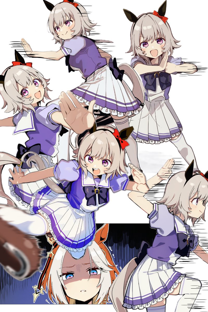 2girls, animal_ears, blue_eyes, blush, bow, breasts, brown_hair, closed_mouth