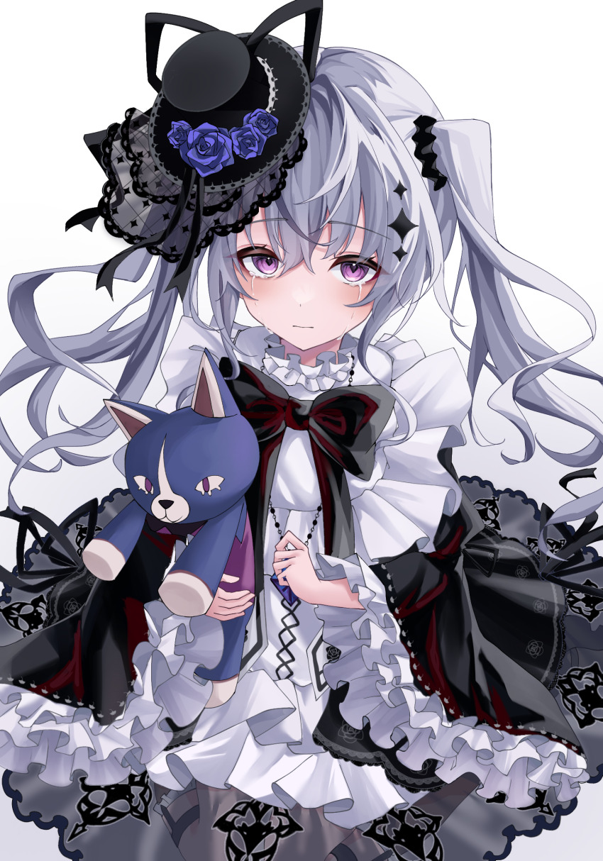 1girl, acid_(maimai), blue_flower, blue_rose, blush, bow, choumiryou, closed_mouth