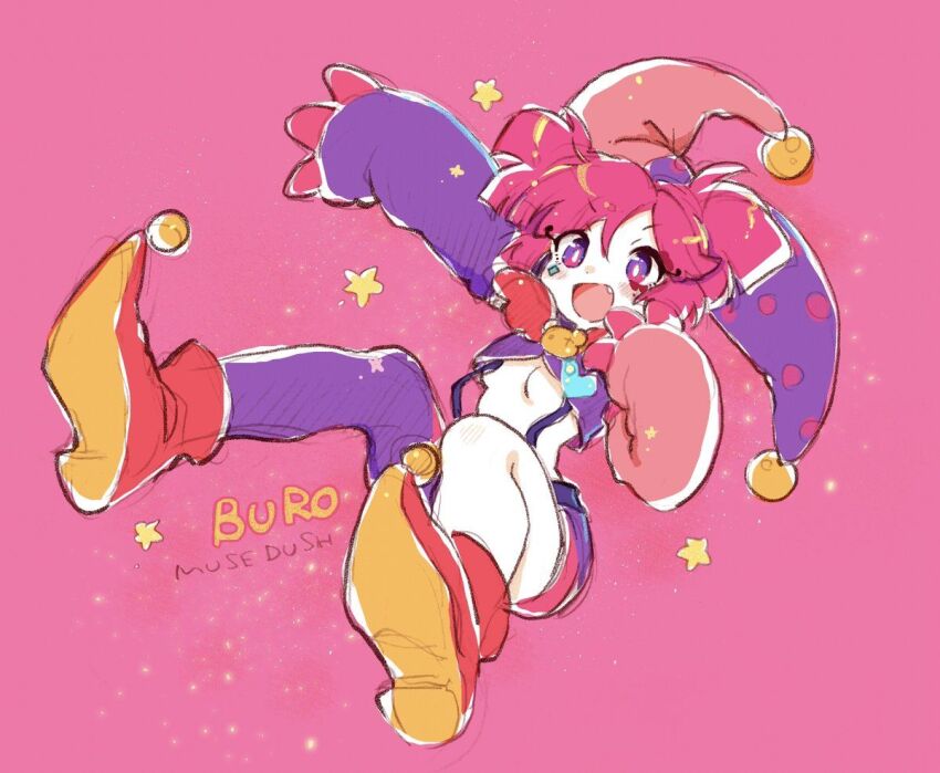 1girl, :d, arm_up, asymmetrical_legwear, asymmetrical_sleeves, bear_brooch, belt, blunt_bangs, blunt_ends, breasts, bright_pupils, brooch, buro_(joker)_(muse_dash), buro_(muse_dash), character_name, cleavage, colored_skin, copyright_name, cross-eyed, diamond_(shape), diamond_facial_mark, dot_nose, facial_mark, fang, foreshortening, full_body, hand_on_own_face, hand_up, happy, hat, hatching_(texture), jester_cap, jewelry, mark_under_eye, midair, mismatched_legwear, mismatched_sleeves, muse_dash, official_alternate_costume, ogawa_hidari, open_mouth, outstretched_arm, overalls, pantyhose, pink_background, pink_hair, pink_shoes, pink_shorts, pink_sleeves, pointy_shoes, protected_link, purple_belt, purple_eyes, purple_pantyhose, purple_shorts, purple_shrug, purple_sleeves, revealing_clothes, shoes, short_shorts, short_twintails, shorts, shrug_(clothing), side_part, single_leg_pantyhose, sitting, smile, solo, sparkle, star_(symbol), twintails, underboob, v-shaped_eyebrows, white_pupils, white_skin