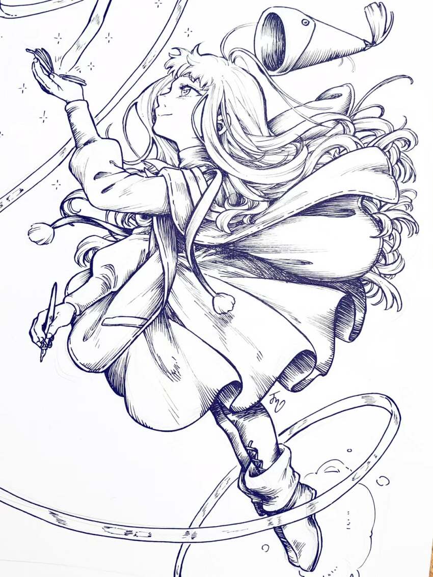 1girl, calligraphy_brush, child, crystal_ribbon, fingernails, hat, hat_tassel, highres