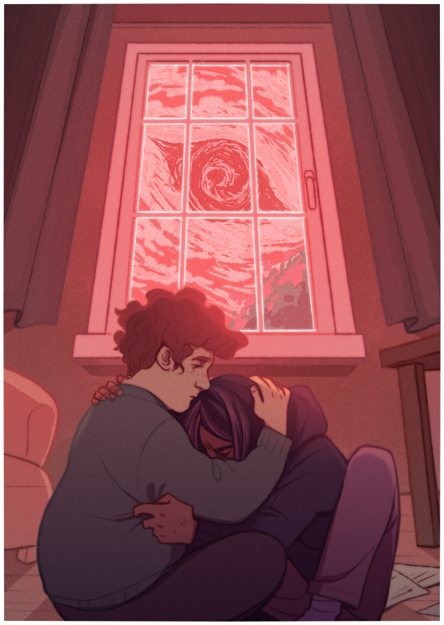 2boys, black_eyes, black_hair, black_hoodie, black_pants, chair, closed_eyes, commentary