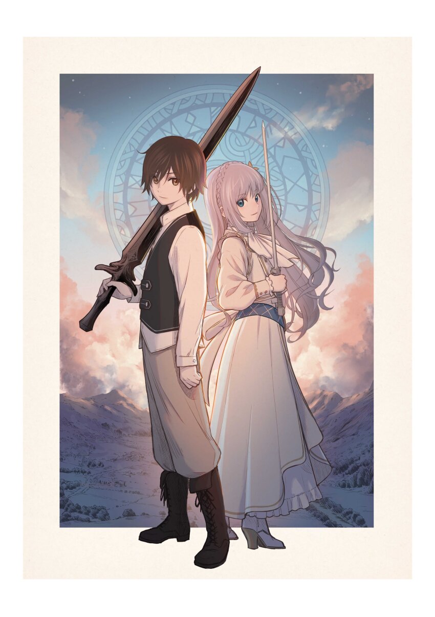 1boy, 1girl, absurdres, ascot, blue_eyes, blunt_bangs, boots, braid