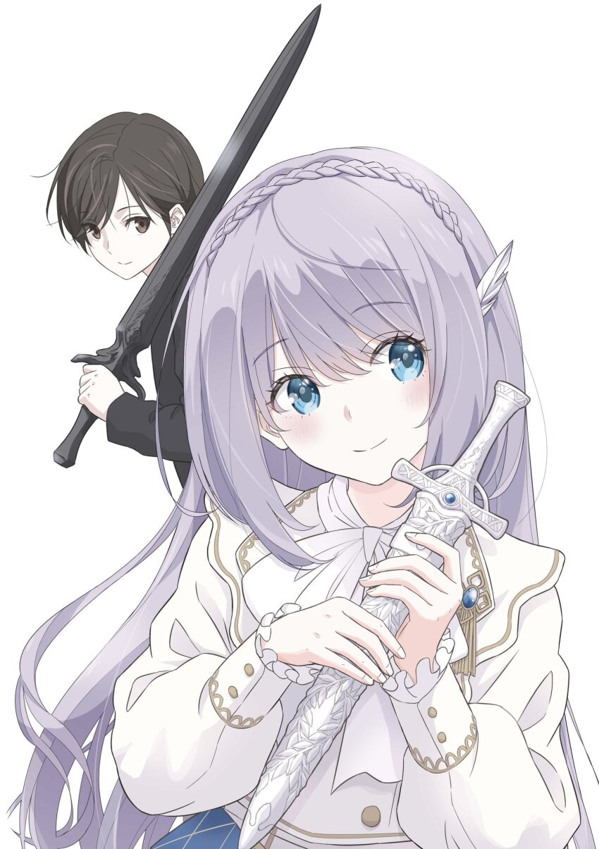 1boy, 1girl, blue_eyes, blunt_bangs, blush, bow, bowtie, braid, brown_eyes, brown_hair, crown_braid, highres, holding, holding_sword, holding_weapon, len_ashton, long_hair, long_sleeves, lycia_klausel, monogatari_no_kuromaku_ni_tensei_shite, segawa_hajime, short_hair, simple_background, smile, sword, upper_body, weapon, white_background, white_bow, white_bowtie, white_hair
