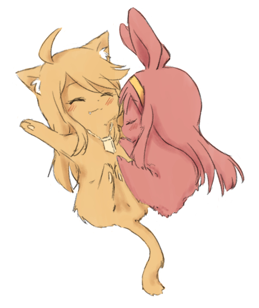 ahoge, animal, animal_focus, animalization, blush, brown_cat, brown_hair, cat, closed_eyes, closed_mouth, fang, hairband, idolmaster, idolmaster_million_live!, long_hair, niboshi_(1846525664), no_humans, rabbit, red_hair, simple_background, tanaka_kotoha, tokoro_megumi, white_background, yellow_hairband