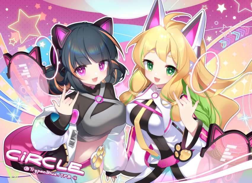 2girls, absurdres, animal_ear_headphones, animal_ears, blonde_hair, braid, breasts, cat_ear_headphones